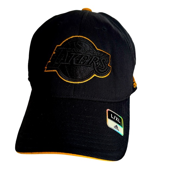 LOS ANGELES LAKERS Basketball Adidas Flexible Fit Hat Cap BLACK ON BLACK L/XL - Picture 2 of 9